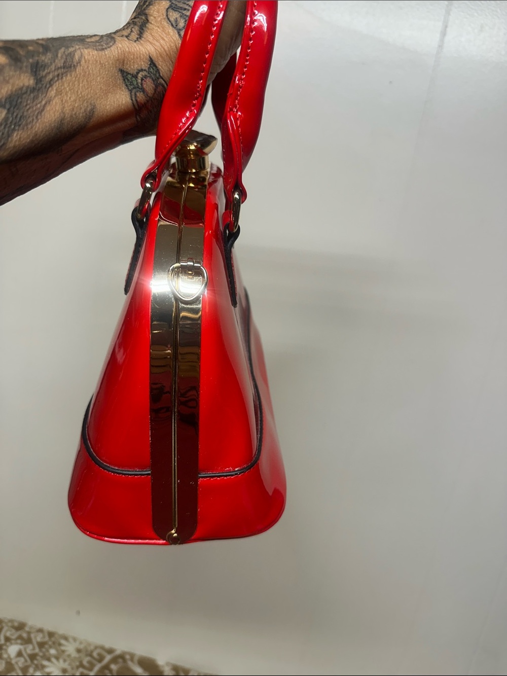 Red Patent Dome Satchel Handbag - Picture 5 of 13